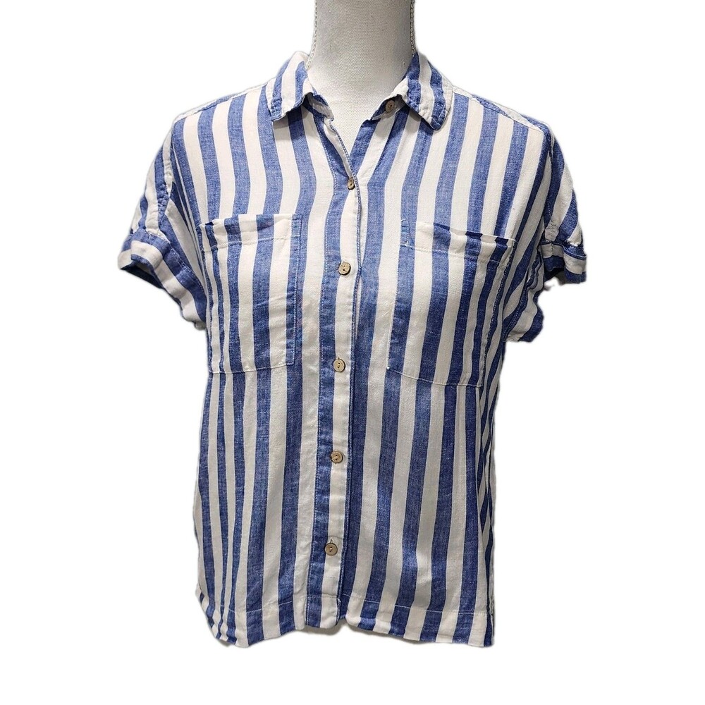Lola River Navy and White Striped Women's Blouse Linen Blend XSmall